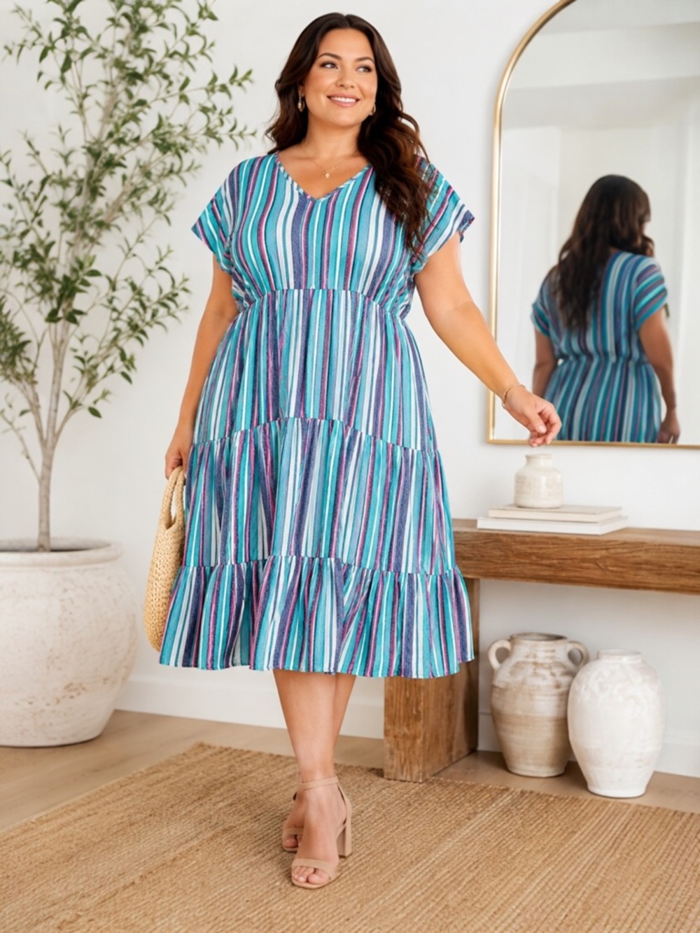 Maison Tara Plus Size Striped Midi Dress 22W Colorful Tiered Boho Wedding Guest
